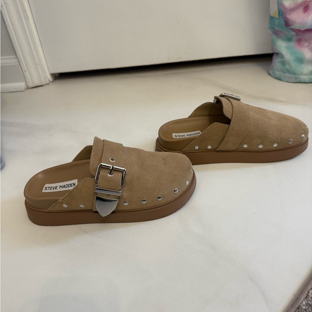 Steve Madden Brown Suede Slip-On Mules with Silver Accents